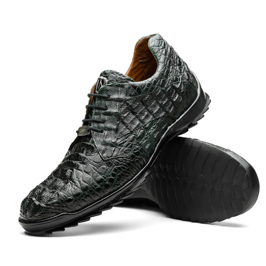 The Kratos Green by Marco Di Milano are dark green lace-up shoes crafted from textured leather with a crocodile skin pattern, black rubber soles, and a hand-painted finish for luxurious sophistication.
