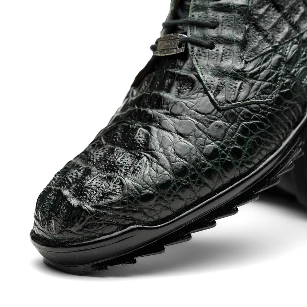 The Kratos Green by Marco Di Milano are dark green lace-up shoes crafted from textured leather with a crocodile skin pattern, black rubber soles, and a hand-painted finish for luxurious sophistication.