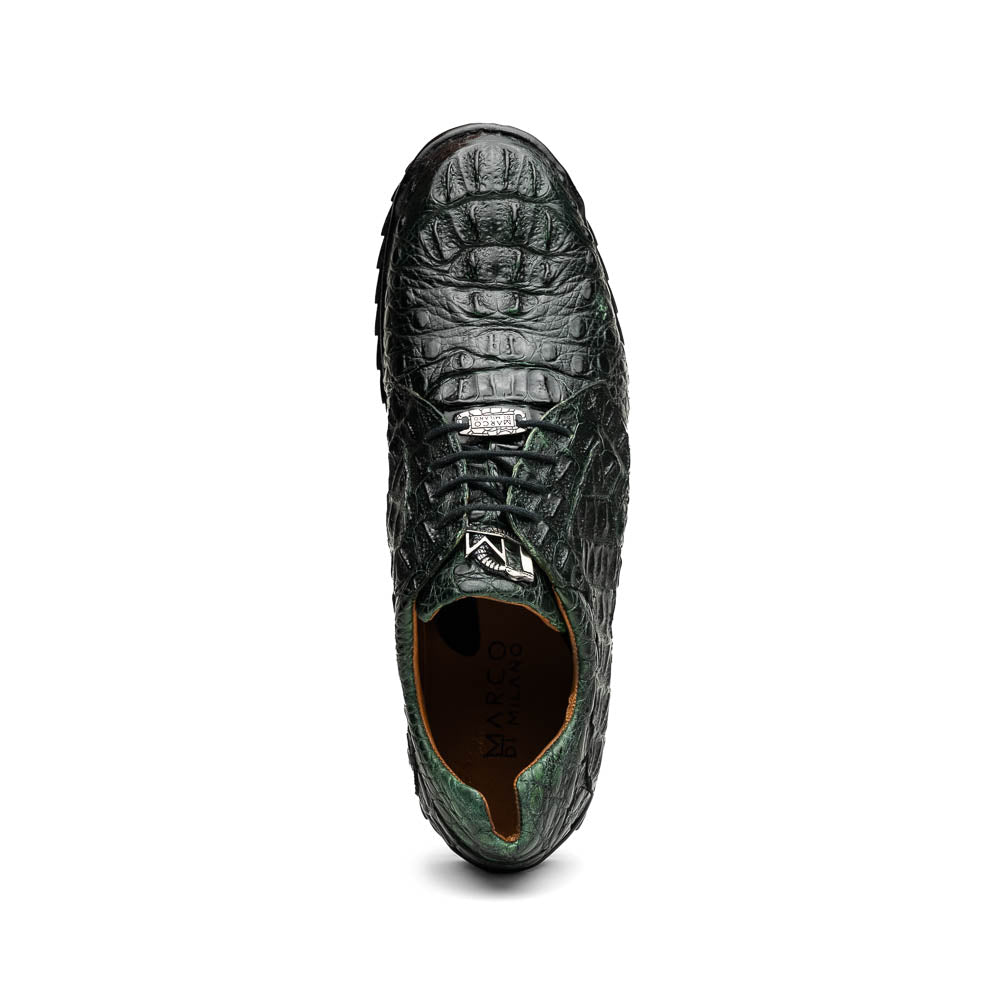 The Kratos Green by Marco Di Milano are dark green lace-up shoes crafted from textured leather with a crocodile skin pattern, black rubber soles, and a hand-painted finish for luxurious sophistication.
