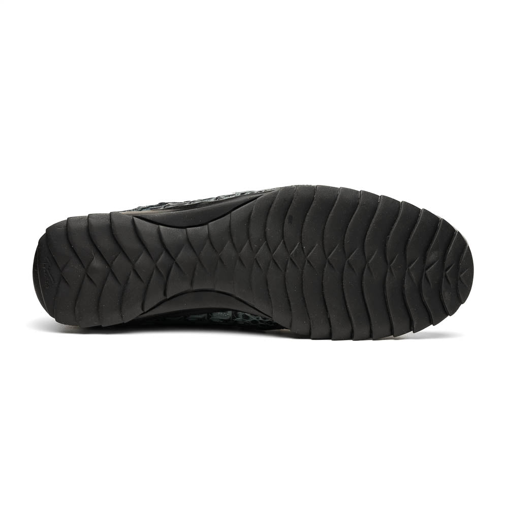 The Kratos Gray by Marco Di Milano are luxury dress shoes in textured gray crocodile-patterned leather with a hand-painted finish and black rubber soles; one shoe stands upright while the other rests on its side.