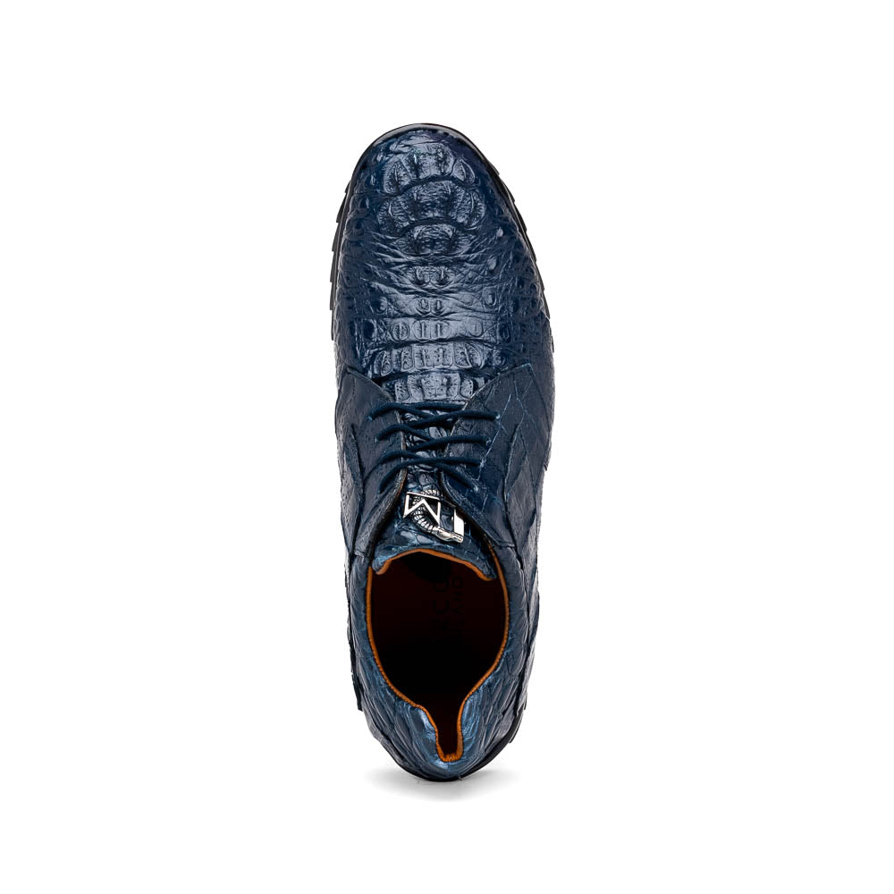 The Kratos Navy by Marco Di Milano: blue hand-painted crocodile-patterned leather dress shoes with black rubber soles—one upright, the other propped—a true statement of luxury footwear.