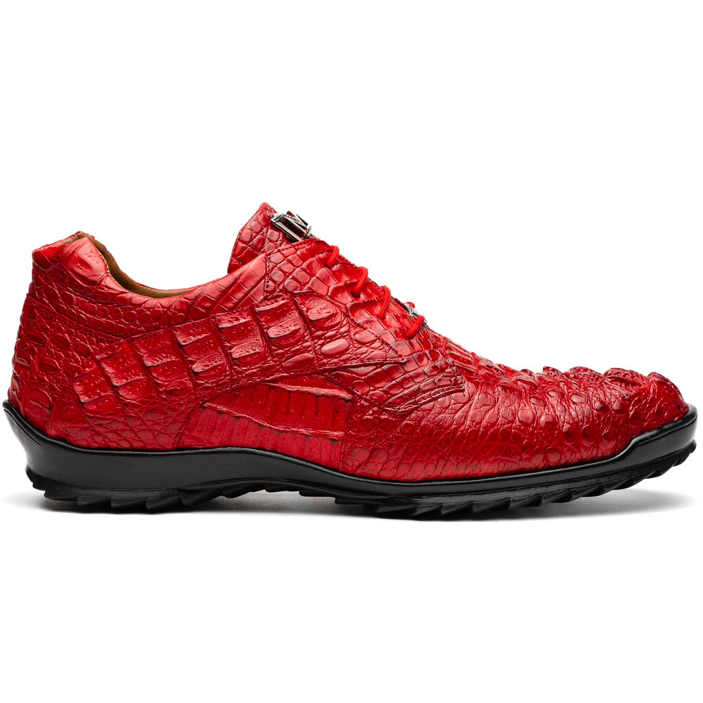 The Kratos Red by Marco Di Milano: luxury red crocodile-pattern leather dress shoes with black soles; one shoe stands upright while the other displays its polished sole.