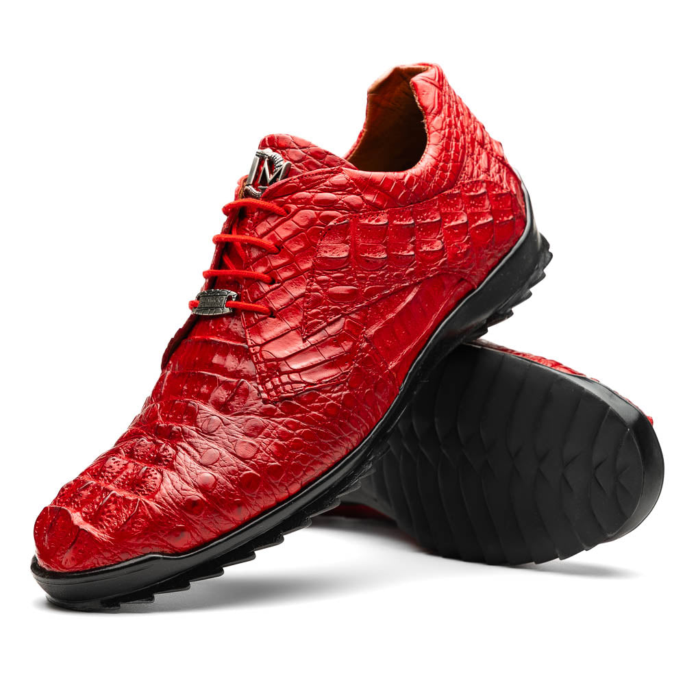 The Kratos Red by Marco Di Milano: luxury red crocodile-pattern leather dress shoes with black soles; one shoe stands upright while the other displays its polished sole.