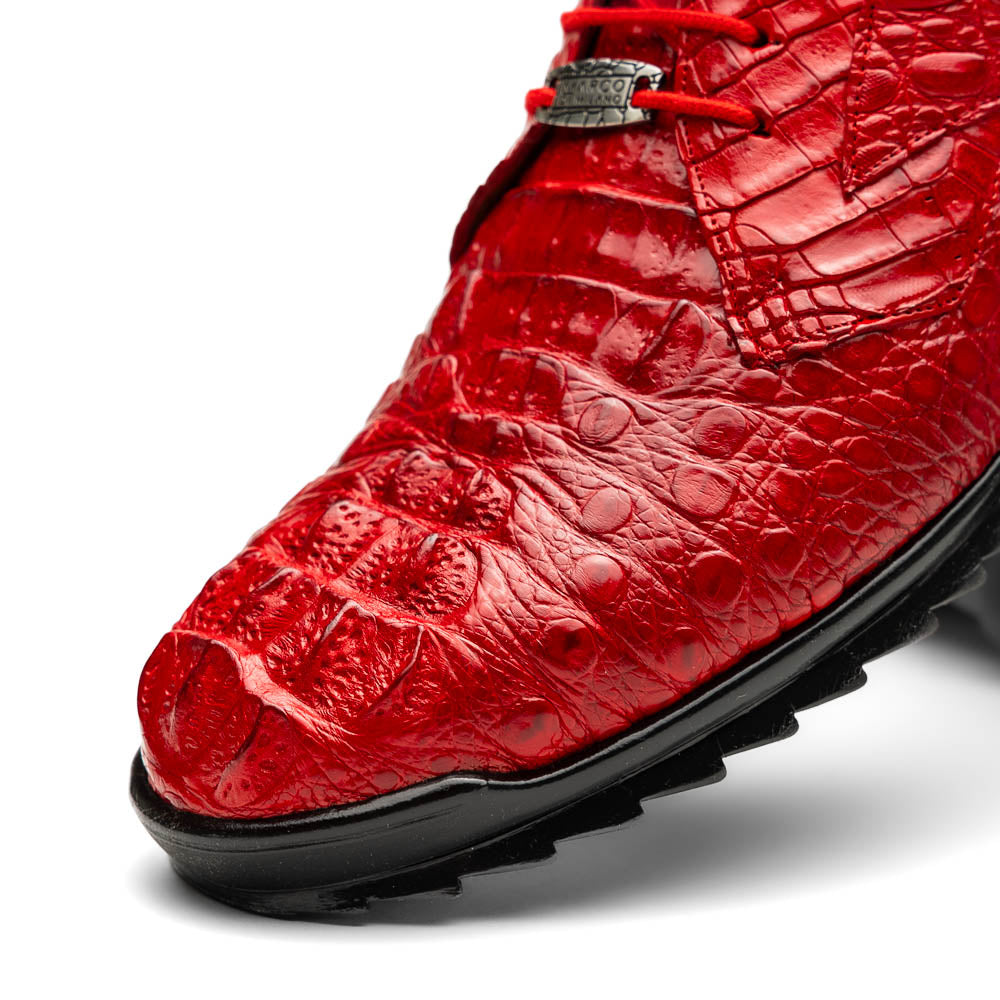 The Kratos Red by Marco Di Milano: luxury red crocodile-pattern leather dress shoes with black soles; one shoe stands upright while the other displays its polished sole.