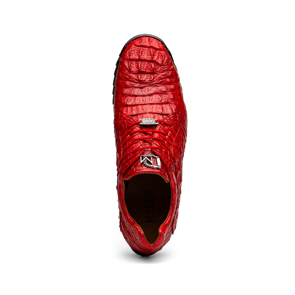 The Kratos Red by Marco Di Milano: luxury red crocodile-pattern leather dress shoes with black soles; one shoe stands upright while the other displays its polished sole.