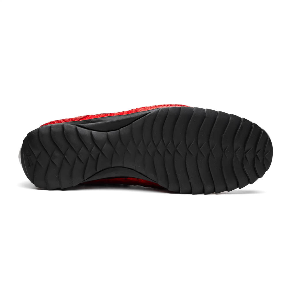 The Kratos Red by Marco Di Milano: luxury red crocodile-pattern leather dress shoes with black soles; one shoe stands upright while the other displays its polished sole.