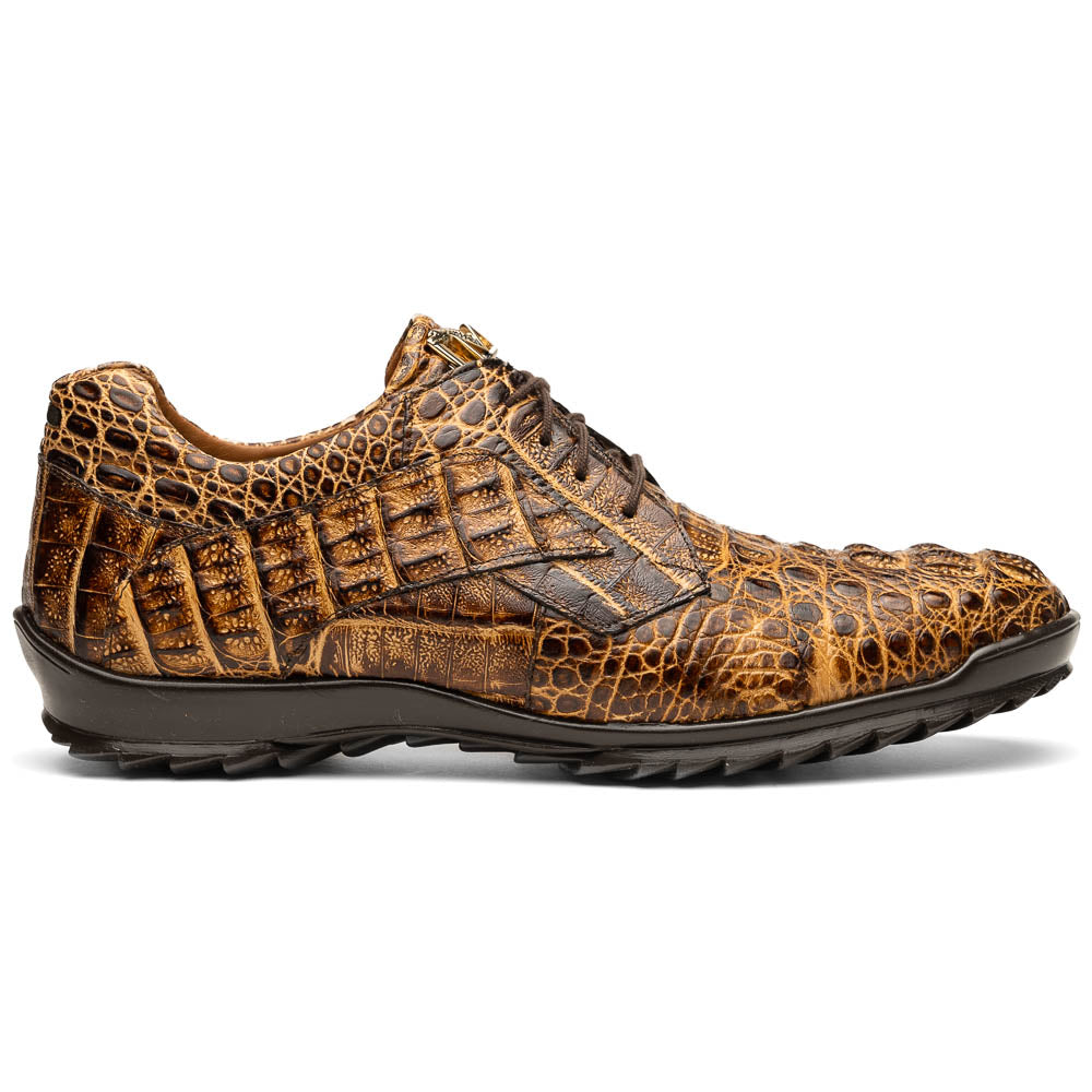 A pair of Kratos Rustic Orix brown crocodile-patterned leather dress shoes by Marco Di Milano, one upright and one tilted to display the textured sole, showcasing luxury footwear against a white background.