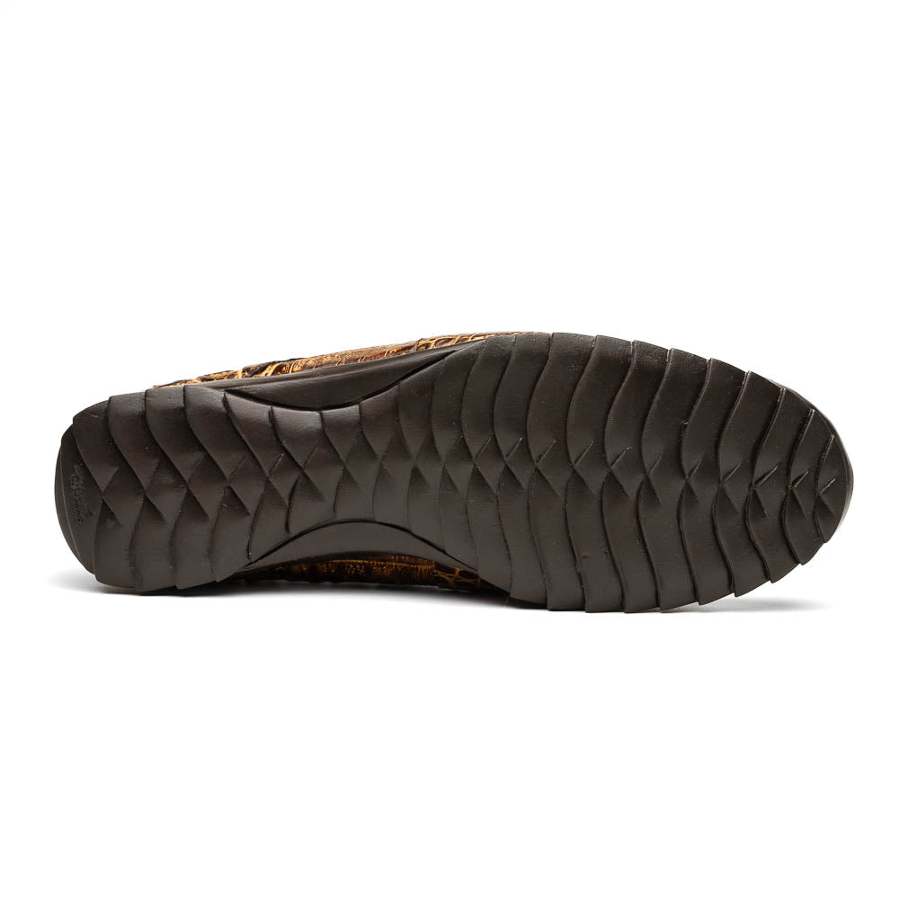 A pair of Kratos Rustic Orix brown crocodile-patterned leather dress shoes by Marco Di Milano, one upright and one tilted to display the textured sole, showcasing luxury footwear against a white background.