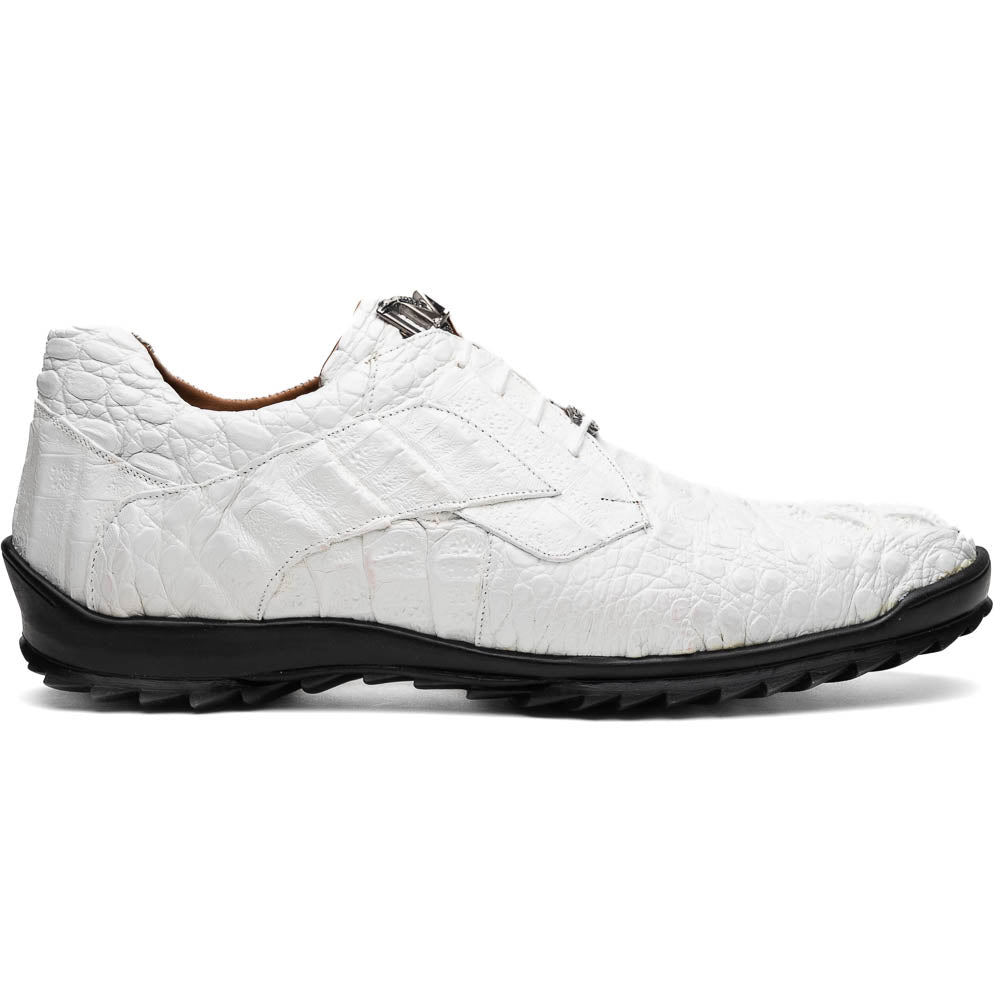 Kratos White by Marco Di Milano: luxury white crocodile-patterned leather dress shoes with black rubber soles—one upright, the other on its side.