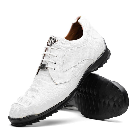 Kratos White by Marco Di Milano: luxury white crocodile-patterned leather dress shoes with black rubber soles—one upright, the other on its side.