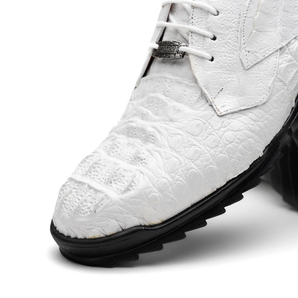 Kratos White by Marco Di Milano: luxury white crocodile-patterned leather dress shoes with black rubber soles—one upright, the other on its side.