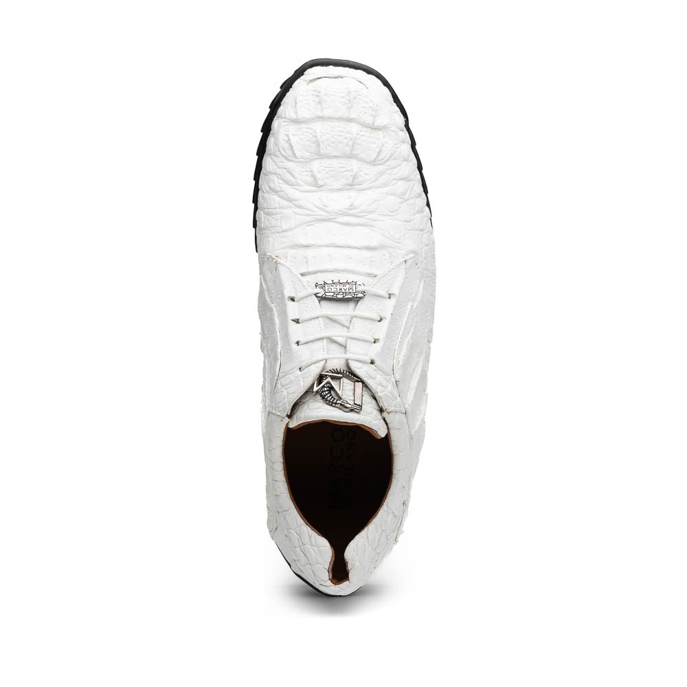 Kratos White by Marco Di Milano: luxury white crocodile-patterned leather dress shoes with black rubber soles—one upright, the other on its side.