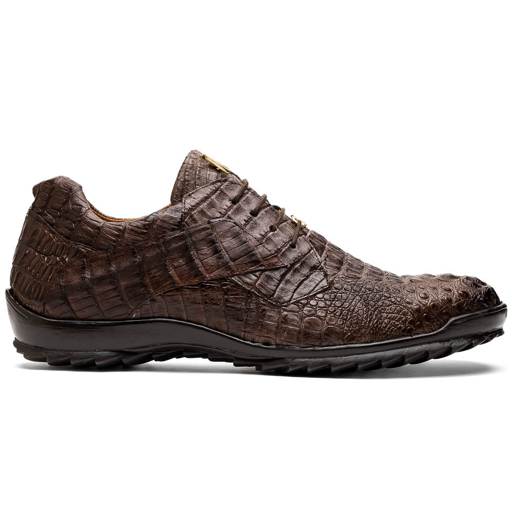 The Kratos Brown by Marco Di Milano features genuine caiman crocodile leather, a hand-painted brown finish, black soles, and gold lace accents—ideal luxury dress shoes for the discerning wearer.