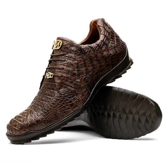 The Kratos Brown by Marco Di Milano features genuine caiman crocodile leather, a hand-painted brown finish, black soles, and gold lace accents—ideal luxury dress shoes for the discerning wearer.