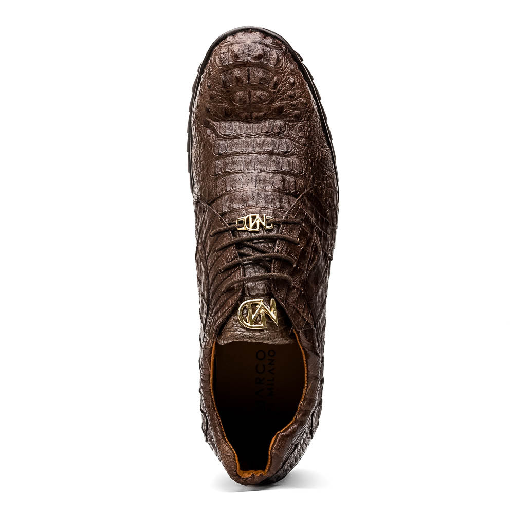 The Kratos Brown by Marco Di Milano features genuine caiman crocodile leather, a hand-painted brown finish, black soles, and gold lace accents—ideal luxury dress shoes for the discerning wearer.