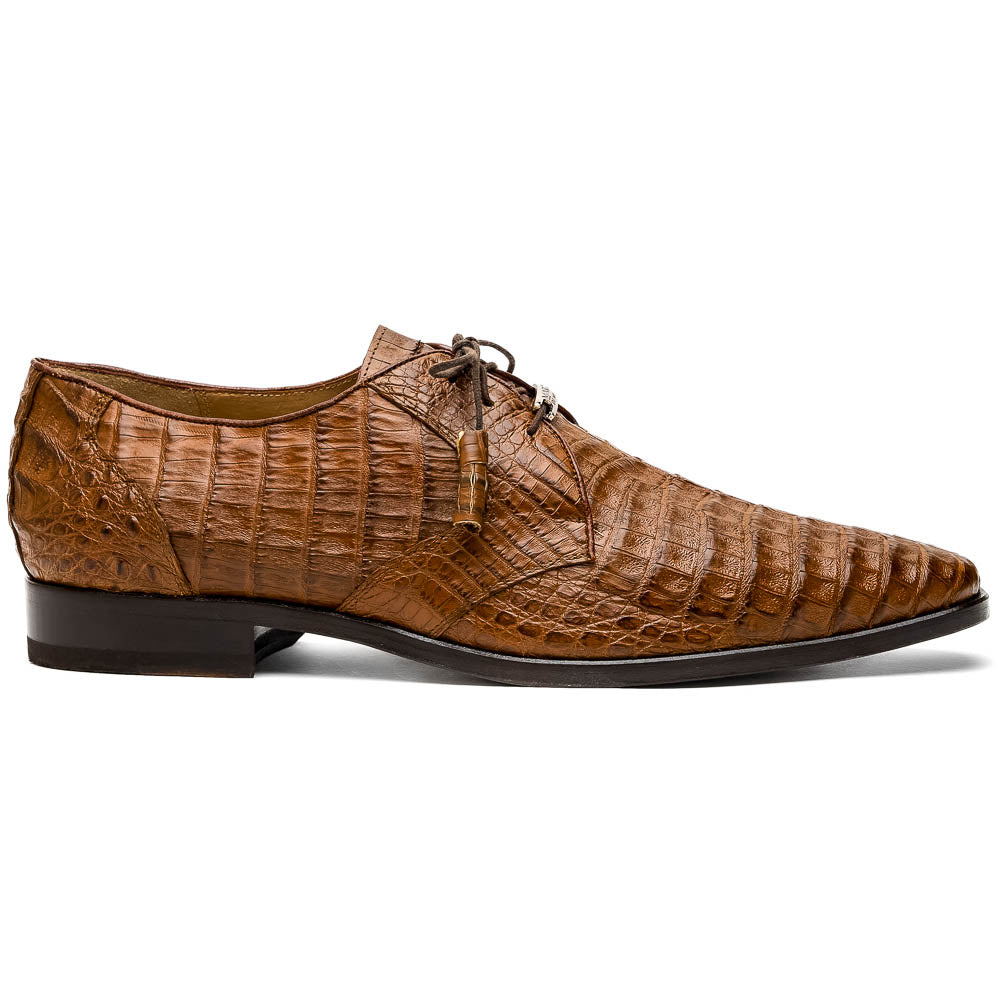 A pair of Marco Di Milano Lacio Bay Apache luxury derby shoes crafted from genuine caiman crocodile leather—one upright and the other on its side to showcase the exquisite sole.