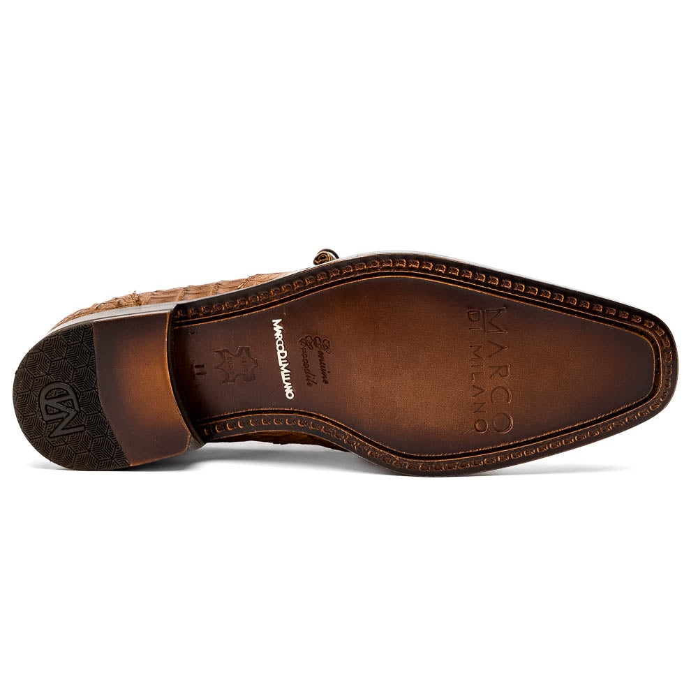 A pair of Marco Di Milano Lacio Bay Apache luxury derby shoes crafted from genuine caiman crocodile leather—one upright and the other on its side to showcase the exquisite sole.
