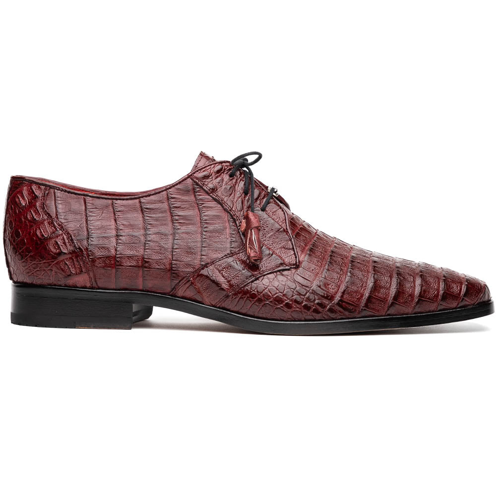The Lacio Wine by Marco Di Milano is a luxury men's dress shoe crafted from brown genuine caiman crocodile leather, featuring a red inner lining, black laces, and "Marco Di Milano" branding on the tan leather sole.