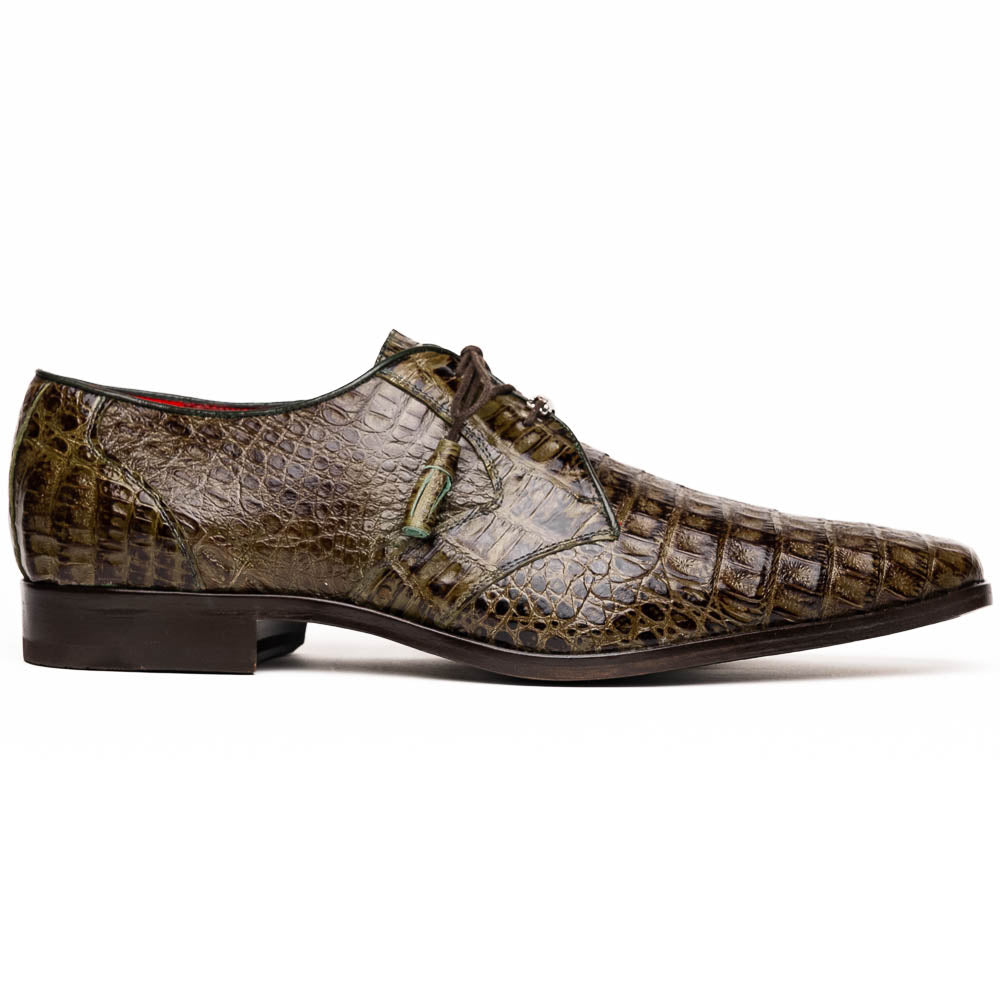 The Marco Di Milano Lacio WoodGreen men's dress shoes, made from genuine caiman crocodile leather with laces, red interior lining, and branded soles, are elegantly displayed against a white background.