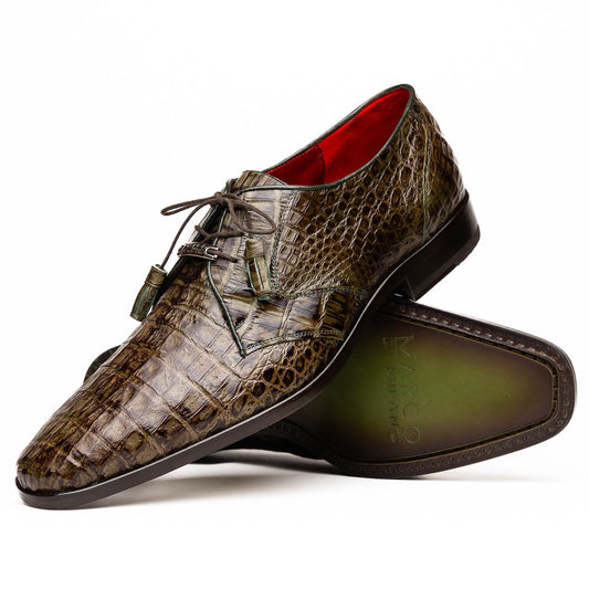 The Marco Di Milano Lacio WoodGreen men's dress shoes, made from genuine caiman crocodile leather with laces, red interior lining, and branded soles, are elegantly displayed against a white background.