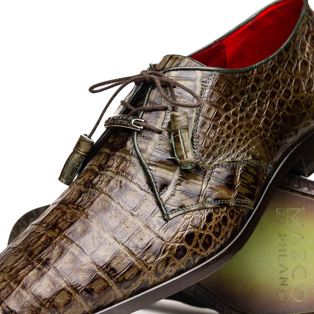 The Marco Di Milano Lacio WoodGreen men's dress shoes, made from genuine caiman crocodile leather with laces, red interior lining, and branded soles, are elegantly displayed against a white background.