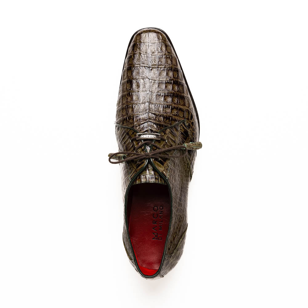 The Marco Di Milano Lacio WoodGreen men's dress shoes, made from genuine caiman crocodile leather with laces, red interior lining, and branded soles, are elegantly displayed against a white background.