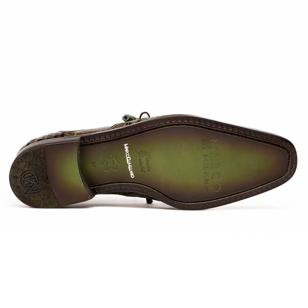 The Marco Di Milano Lacio WoodGreen men's dress shoes, made from genuine caiman crocodile leather with laces, red interior lining, and branded soles, are elegantly displayed against a white background.