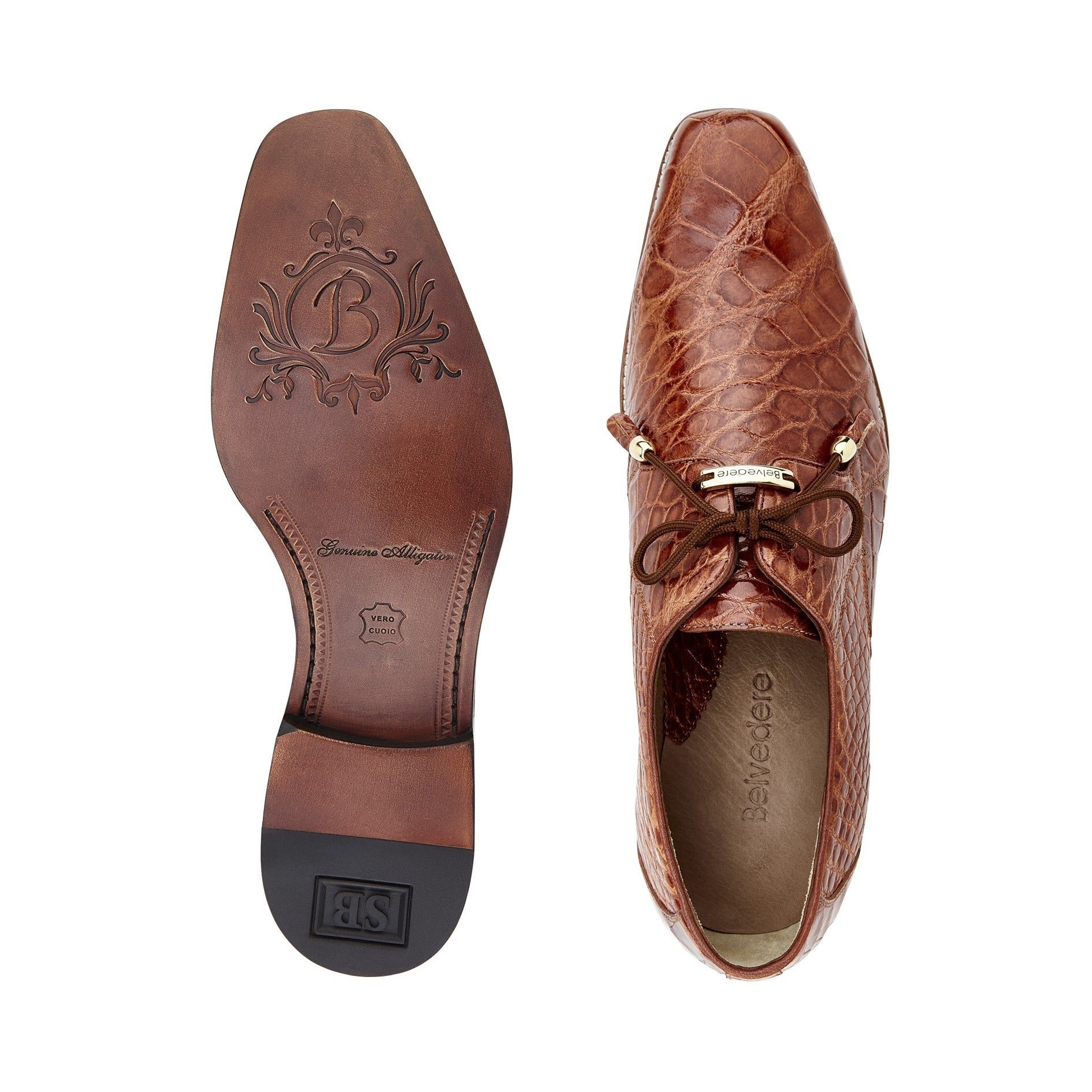 The BELVEDERE Belvedere - Lago is a cognac men's dress shoe crafted from genuine American alligator leather, featuring a plain toe, lace-up closure, and low wooden heel, shown in side profile.