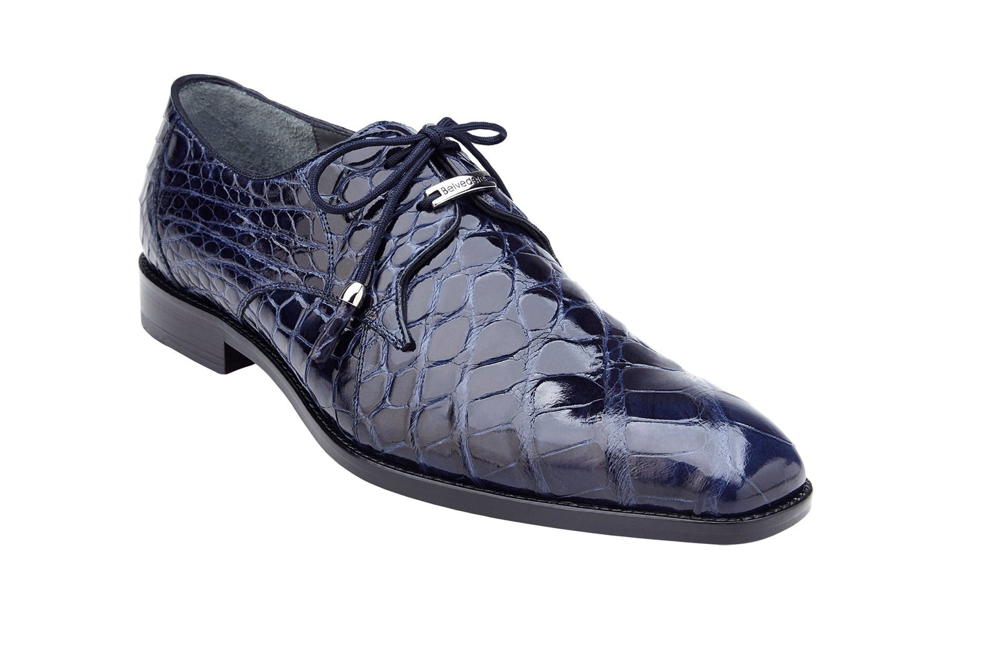 The BELVEDERE Belvedere - Lago, Navy 14010 is a genuine American alligator men's dress shoe in dark blue, featuring a crocodile pattern, laces, low heel, and glossy finish—shown in side profile.