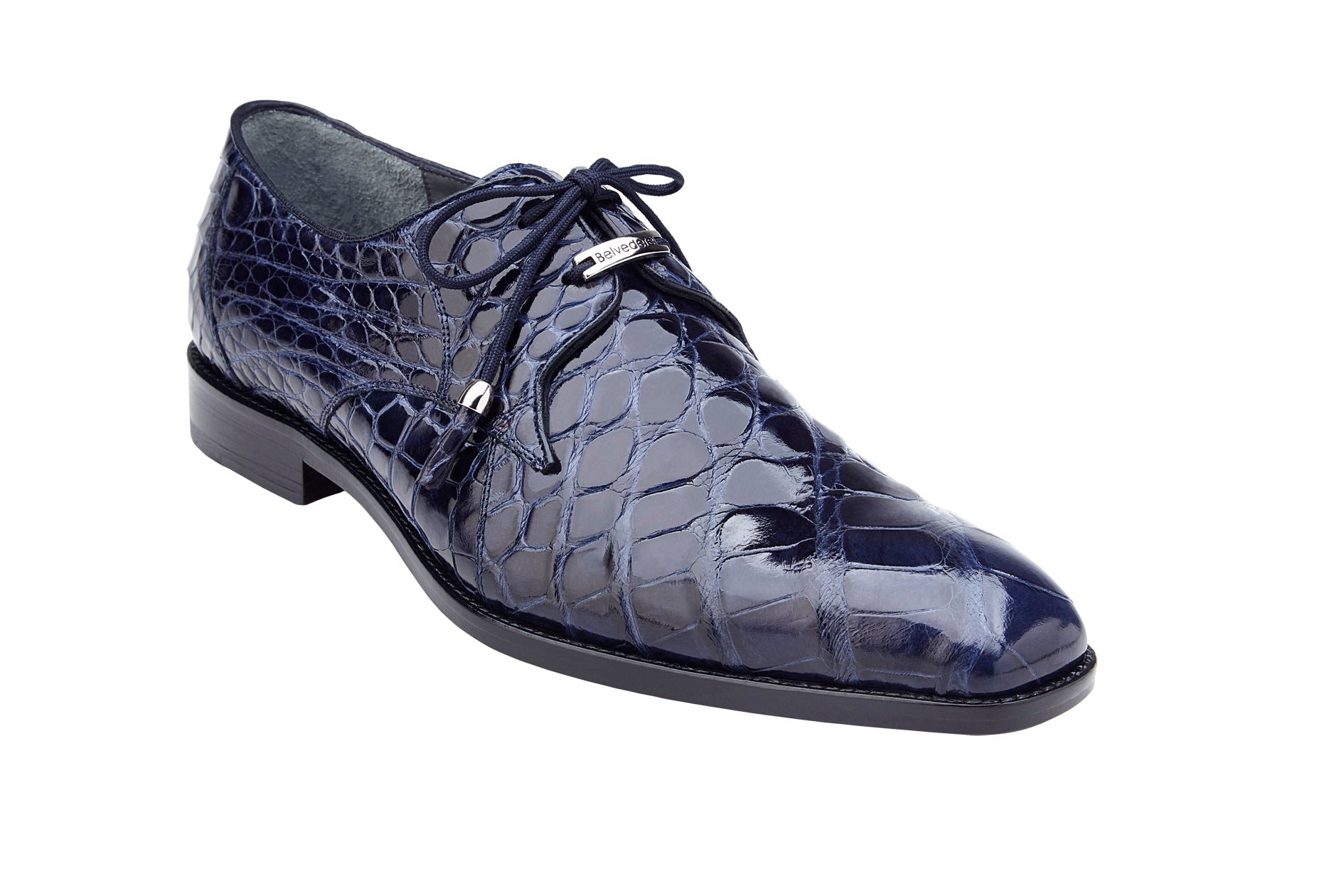 The BELVEDERE Belvedere - Lago, Navy 14010 is a genuine American alligator men's dress shoe in dark blue, featuring a crocodile pattern, laces, low heel, and glossy finish—shown in side profile.