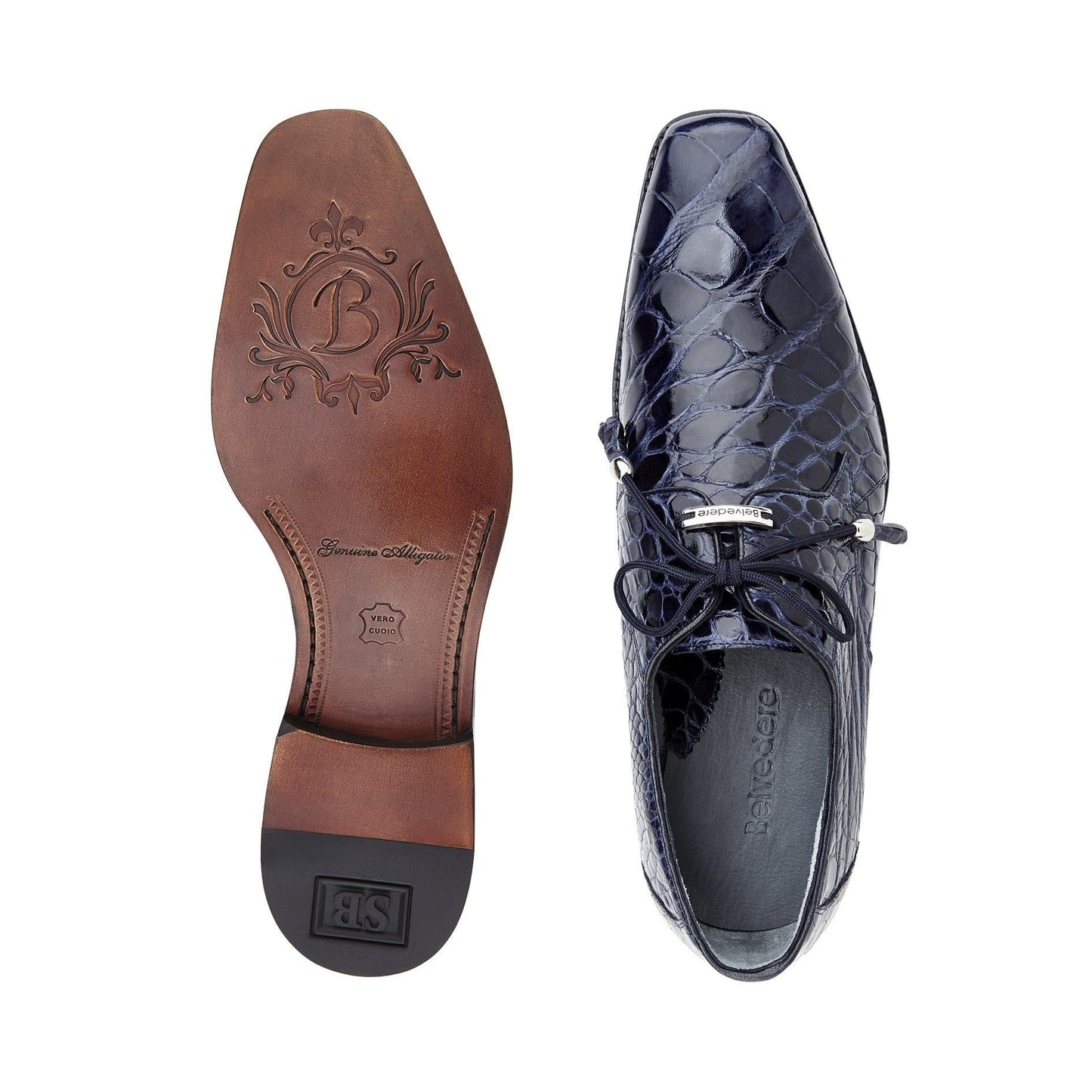 The BELVEDERE Belvedere - Lago, Navy 14010 is a genuine American alligator men's dress shoe in dark blue, featuring a crocodile pattern, laces, low heel, and glossy finish—shown in side profile.