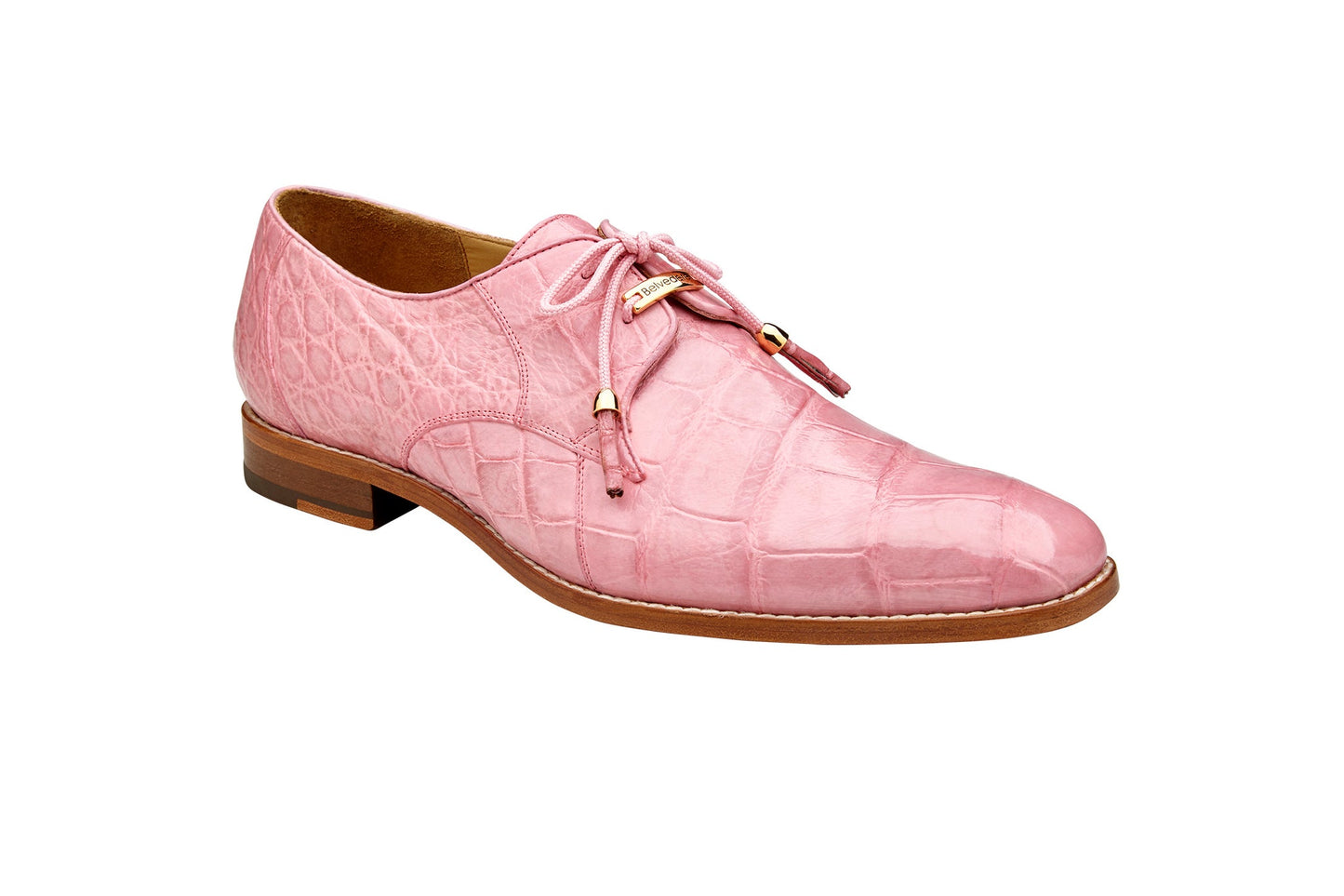 The BELVEDERE Lago 14010 is a men's pink genuine American alligator dress shoe with a plain toe, wooden heel, tassel laces, and gold-tone lace tips, shown on a white background.