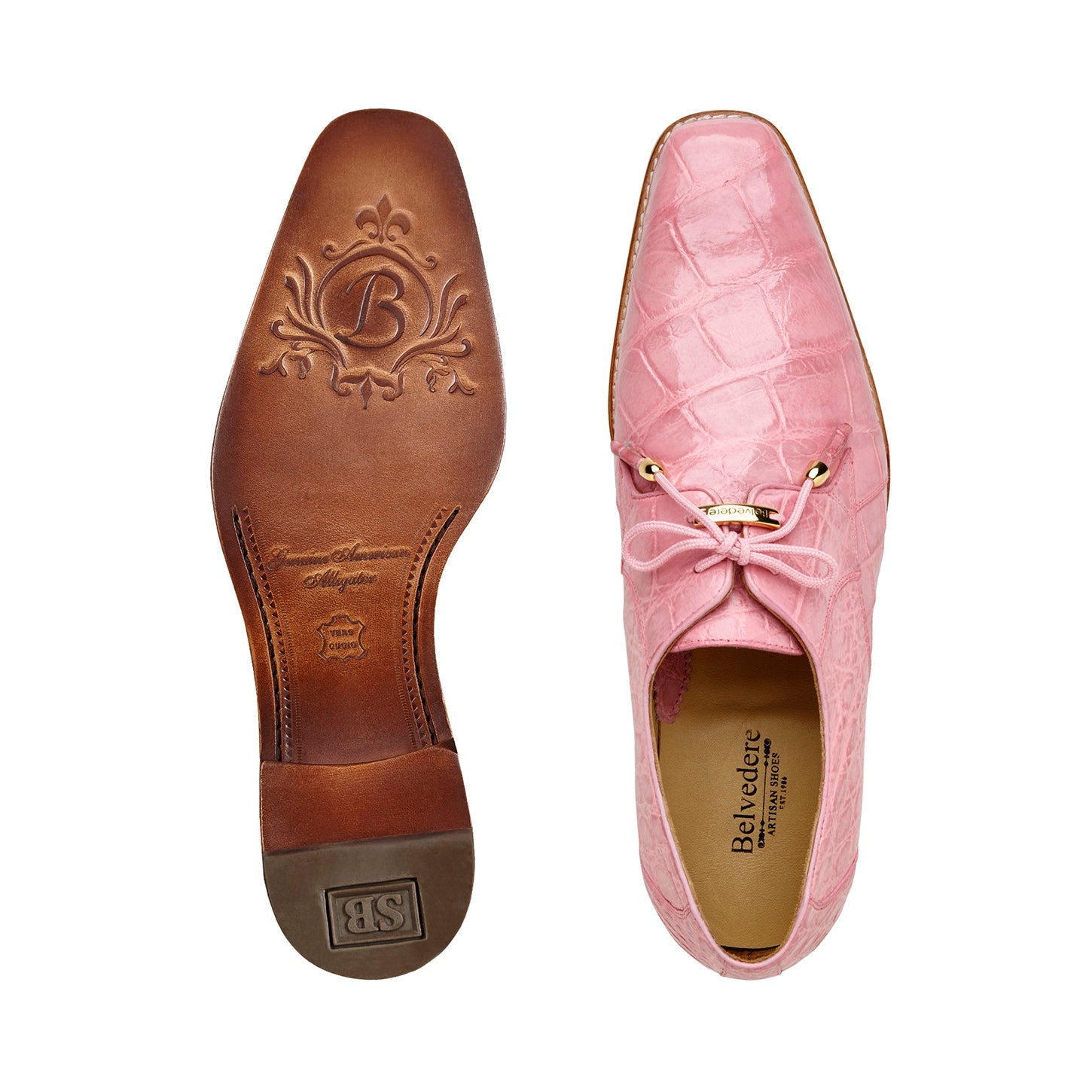 The BELVEDERE Lago 14010 is a men's pink genuine American alligator dress shoe with a plain toe, wooden heel, tassel laces, and gold-tone lace tips, shown on a white background.