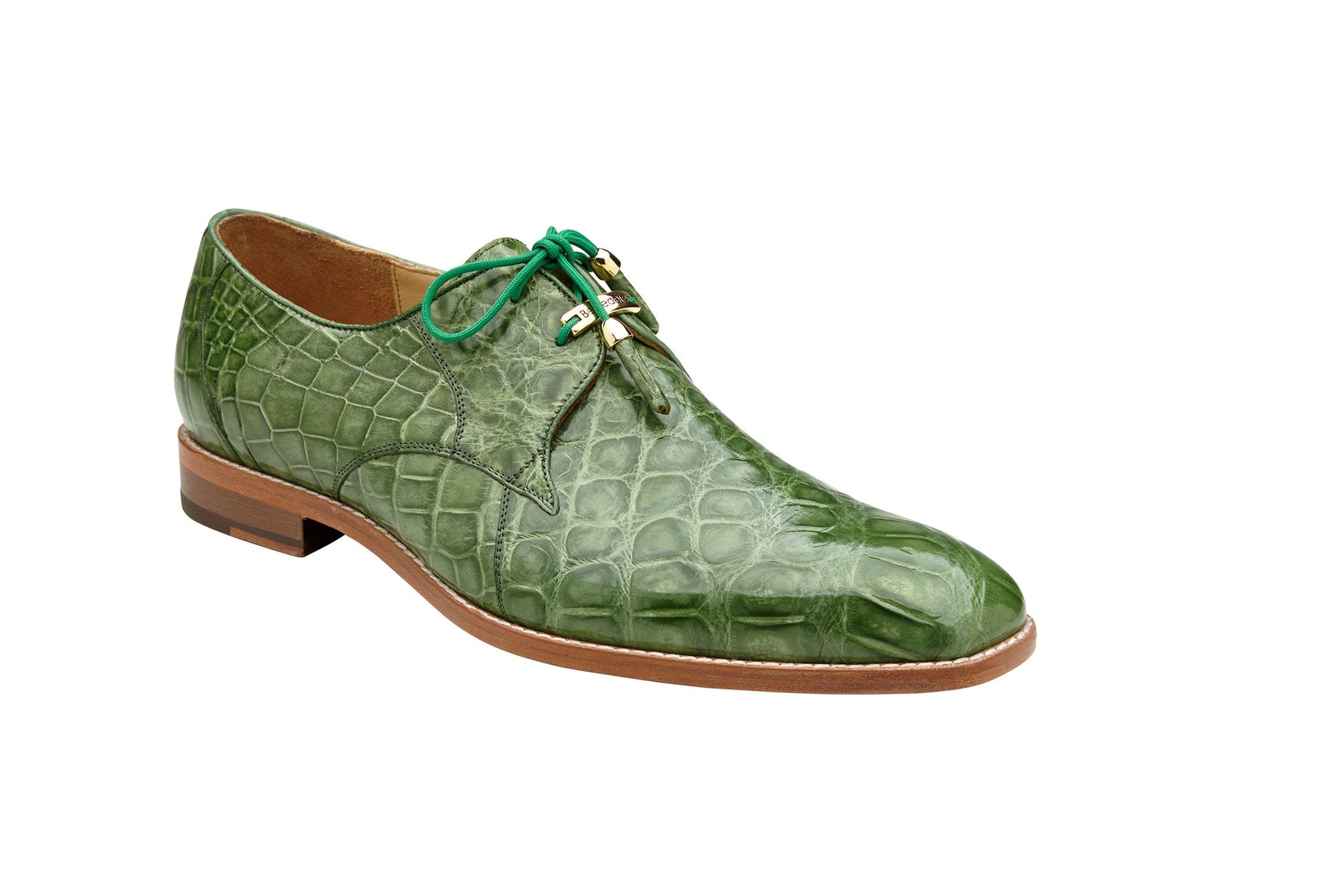 The BELVEDERE Belvedere - Lago, Genuine American Alligator Dress Shoe in Pistachio (14010) features green alligator leather, matching laces, and a brown wooden sole—an elegant side-profile choice for distinctive menswear.