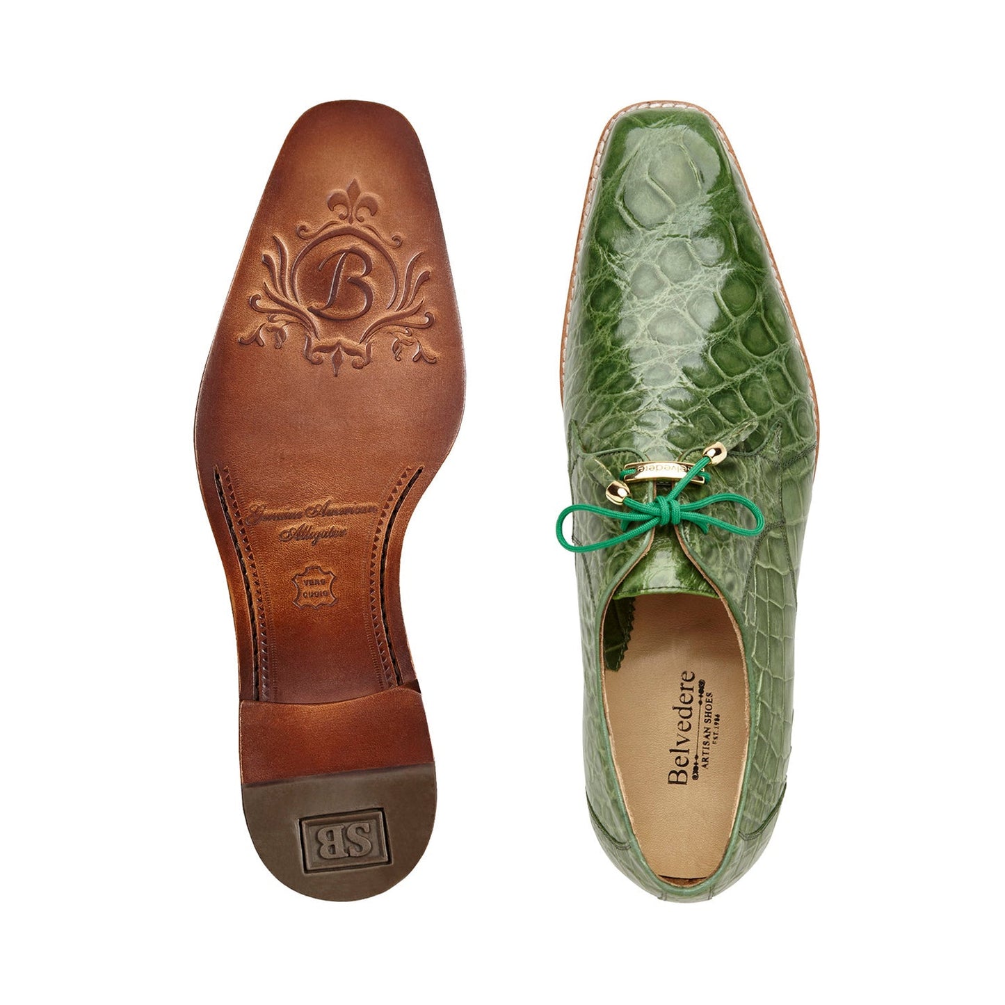 The BELVEDERE Belvedere - Lago, Genuine American Alligator Dress Shoe in Pistachio (14010) features green alligator leather, matching laces, and a brown wooden sole—an elegant side-profile choice for distinctive menswear.