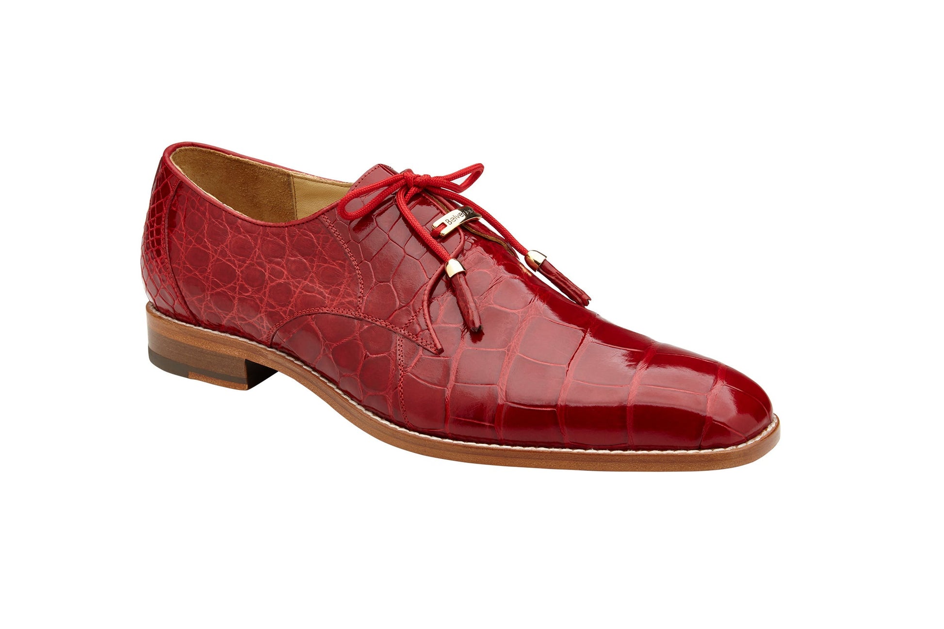 The BELVEDERE Belvedere - Lago, Genuine American Alligator Dress Shoe in red (14010) features a crocodile pattern, tassel laces, and a low wooden heel—an elegant side-profile addition to any menswear collection.