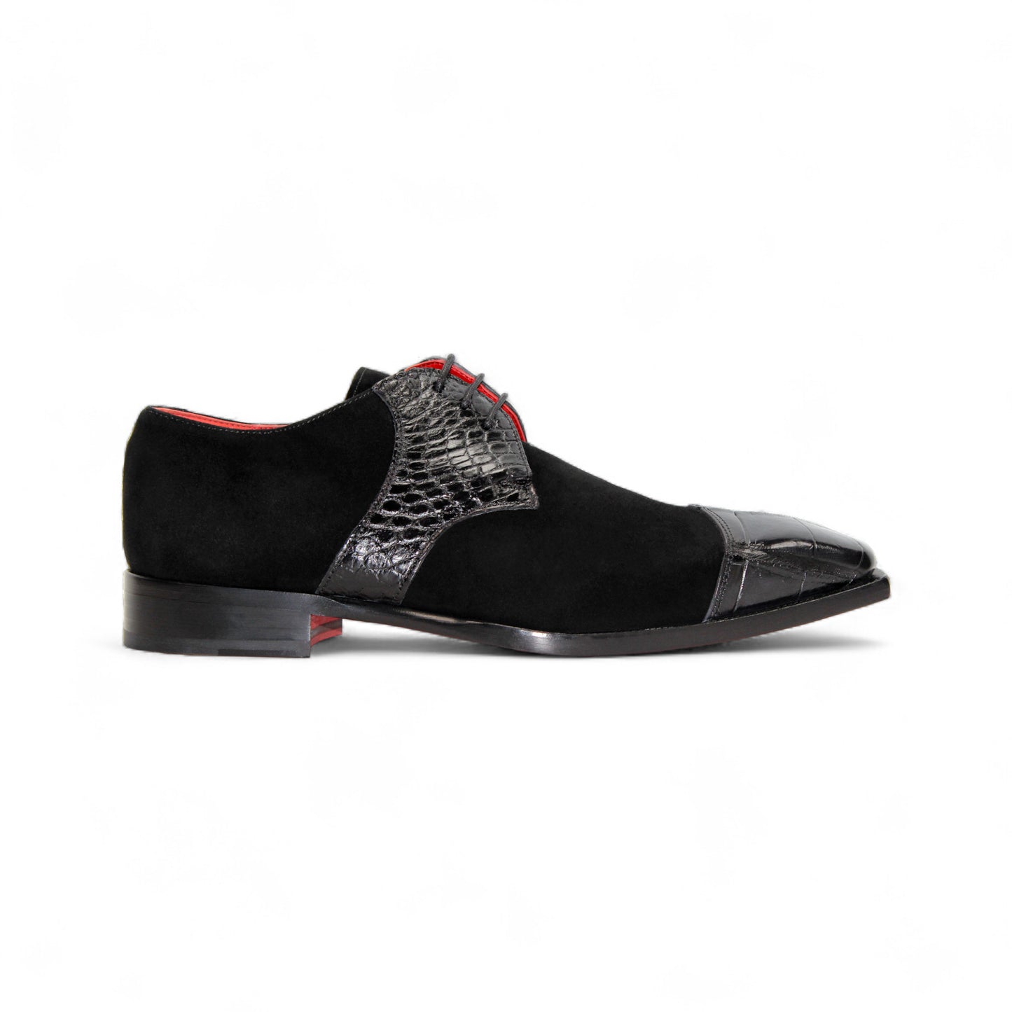 The Fennix Landon Black by Fennix of Italy is a black dress shoe with a suede body, textured leather upper and toe, red lining, and low heel—inspired by Italian craftsmanship for luxury men's footwear enthusiasts.