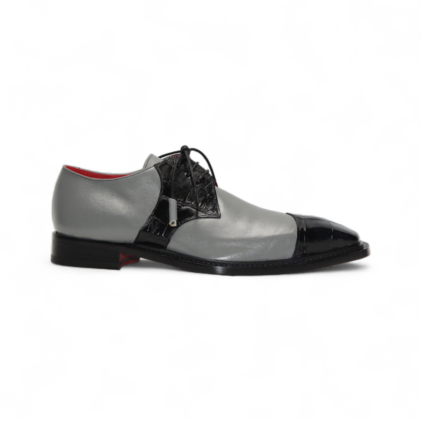 The Fennix Landon 2 Black/Grey by Fennix of Italy is a gray and black luxury leather shoe with lace-up design, black toe cap, dark sole, and red interior, shown in side profile on a white background.