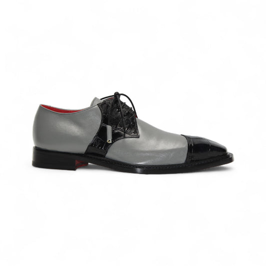 The Fennix Landon 2 Black/Grey by Fennix of Italy is a gray and black luxury leather shoe with lace-up design, black toe cap, dark sole, and red interior, shown in side profile on a white background.