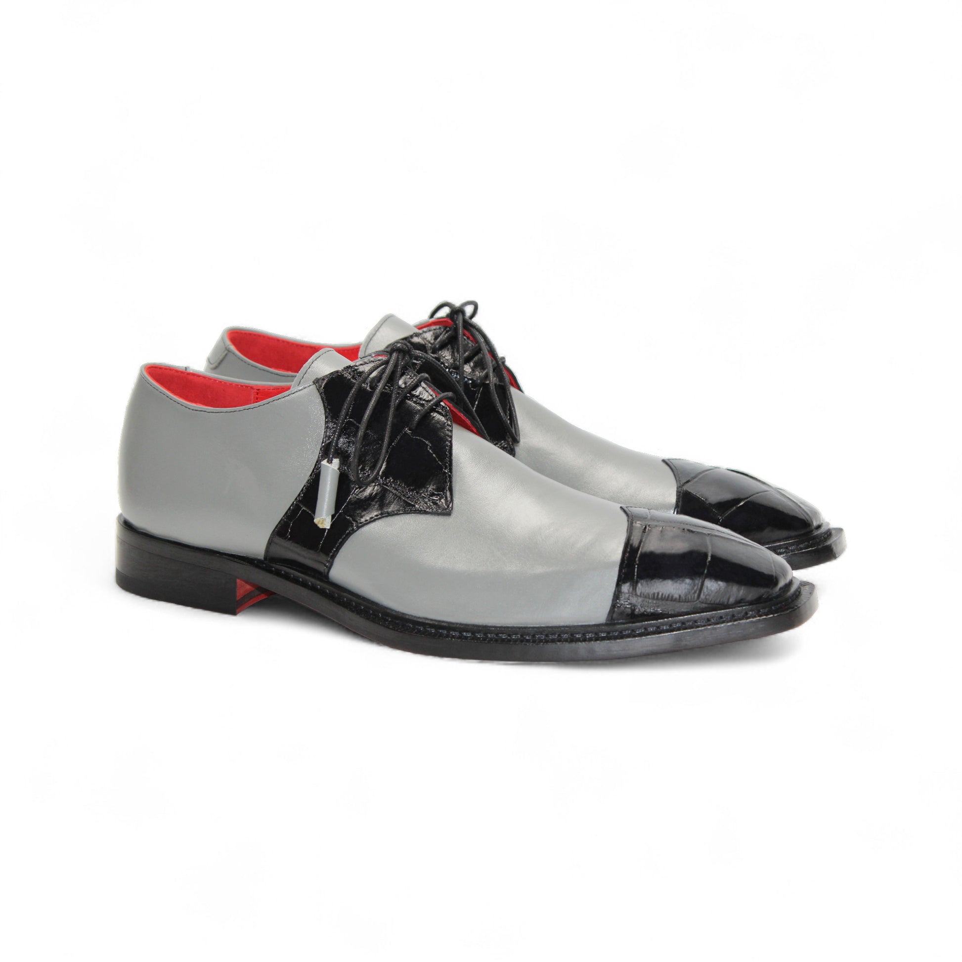 The Fennix Landon 2 Black/Grey by Fennix of Italy is a gray and black luxury leather shoe with lace-up design, black toe cap, dark sole, and red interior, shown in side profile on a white background.