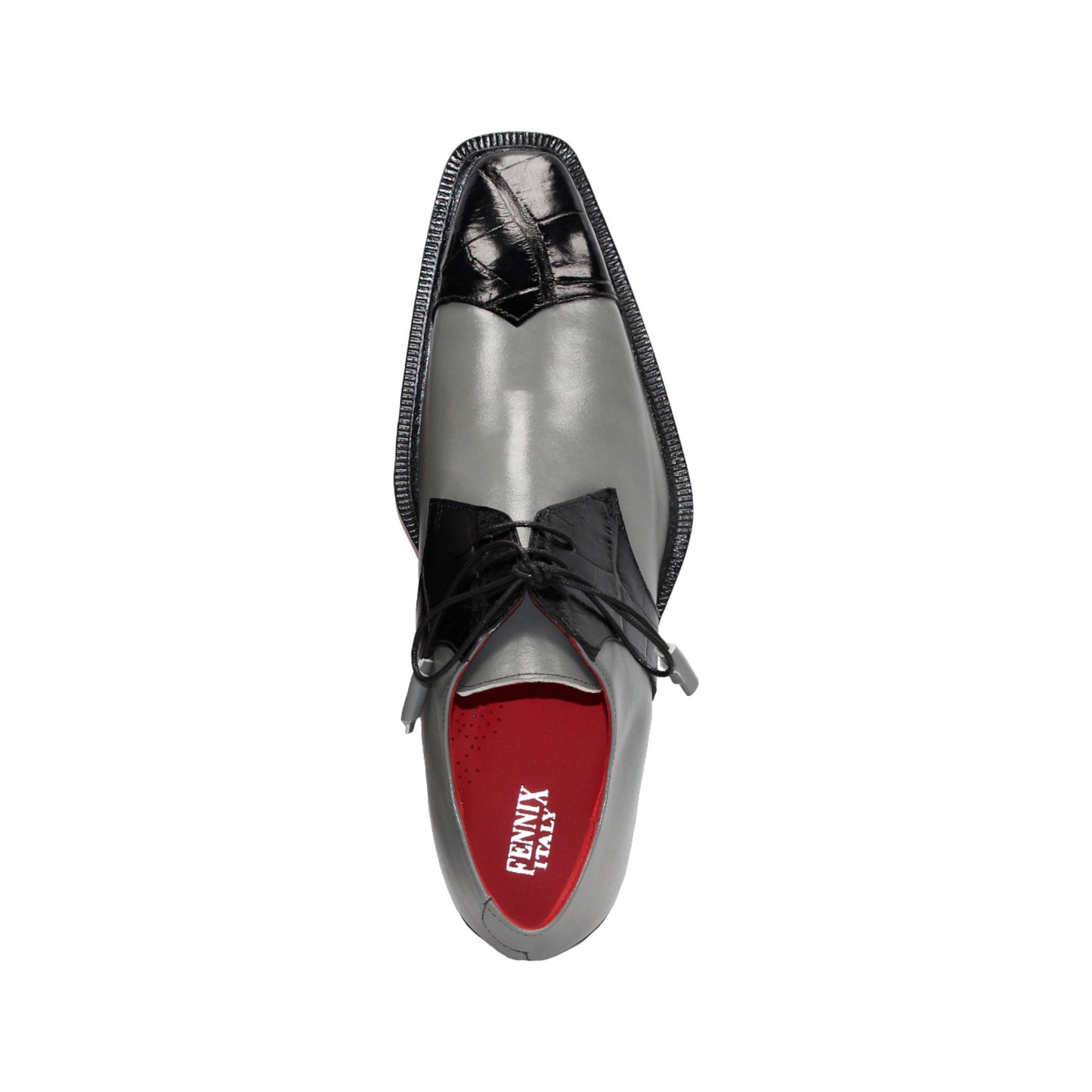 The Fennix Landon 2 Black/Grey by Fennix of Italy is a gray and black luxury leather shoe with lace-up design, black toe cap, dark sole, and red interior, shown in side profile on a white background.