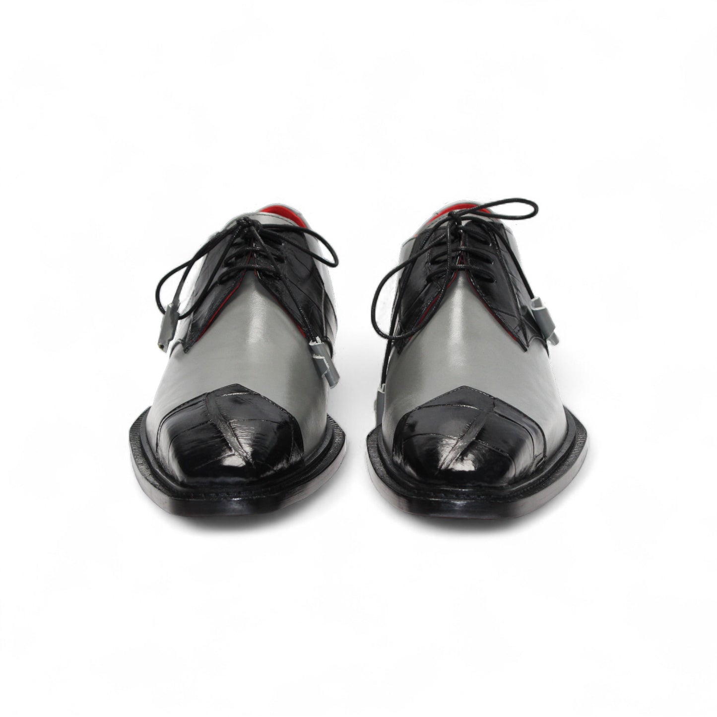 The Fennix Landon 2 Black/Grey by Fennix of Italy is a gray and black luxury leather shoe with lace-up design, black toe cap, dark sole, and red interior, shown in side profile on a white background.