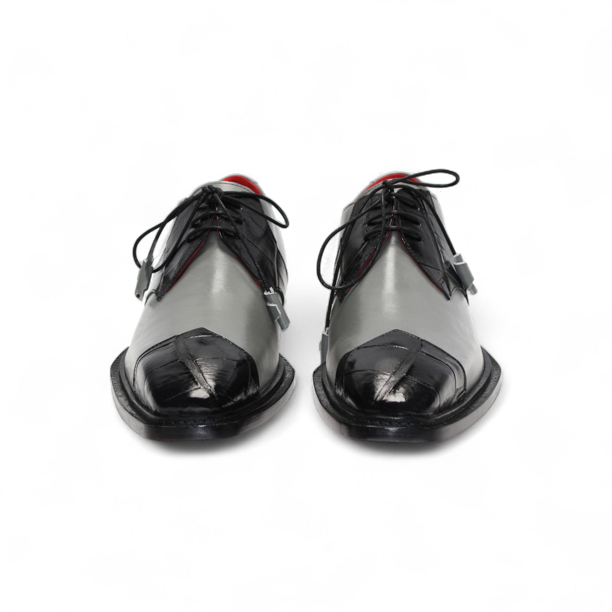 The Fennix Landon 2 Black/Grey by Fennix of Italy is a gray and black luxury leather shoe with lace-up design, black toe cap, dark sole, and red interior, shown in side profile on a white background.