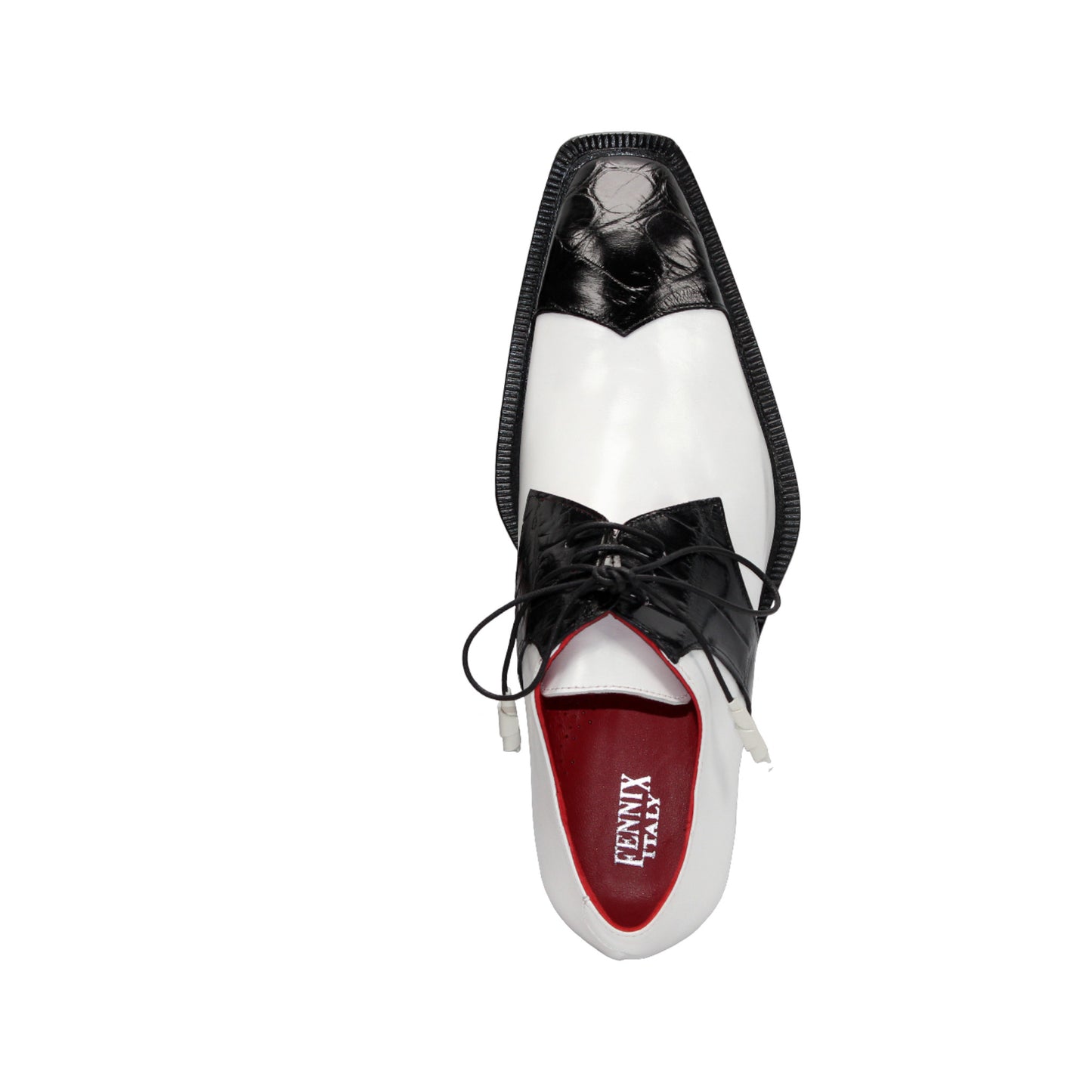 The Fennix of Italy Landon 2 Black/White is a luxury leather oxford with laces, a pointed toe, and low heel—an elegant display of Italian craftsmanship set against a white background.