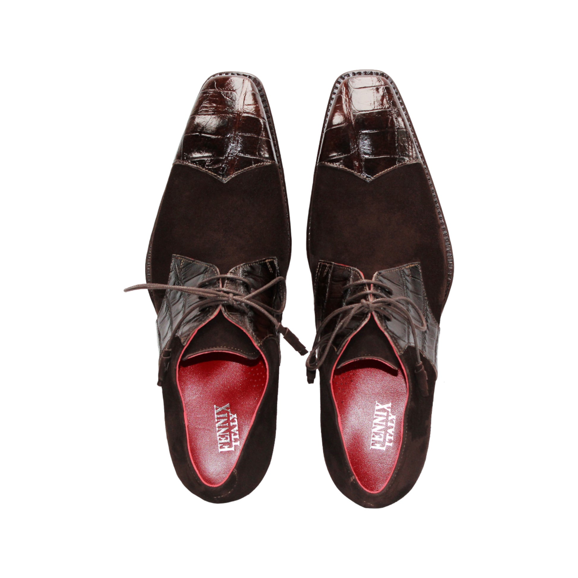 The Fennix of Italy Fennix Landon Chocolate is a dark brown luxury suede dress shoe with leather accents, laces, and a low heel, shown in side profile against a white background—ideal for those seeking elegant footwear.