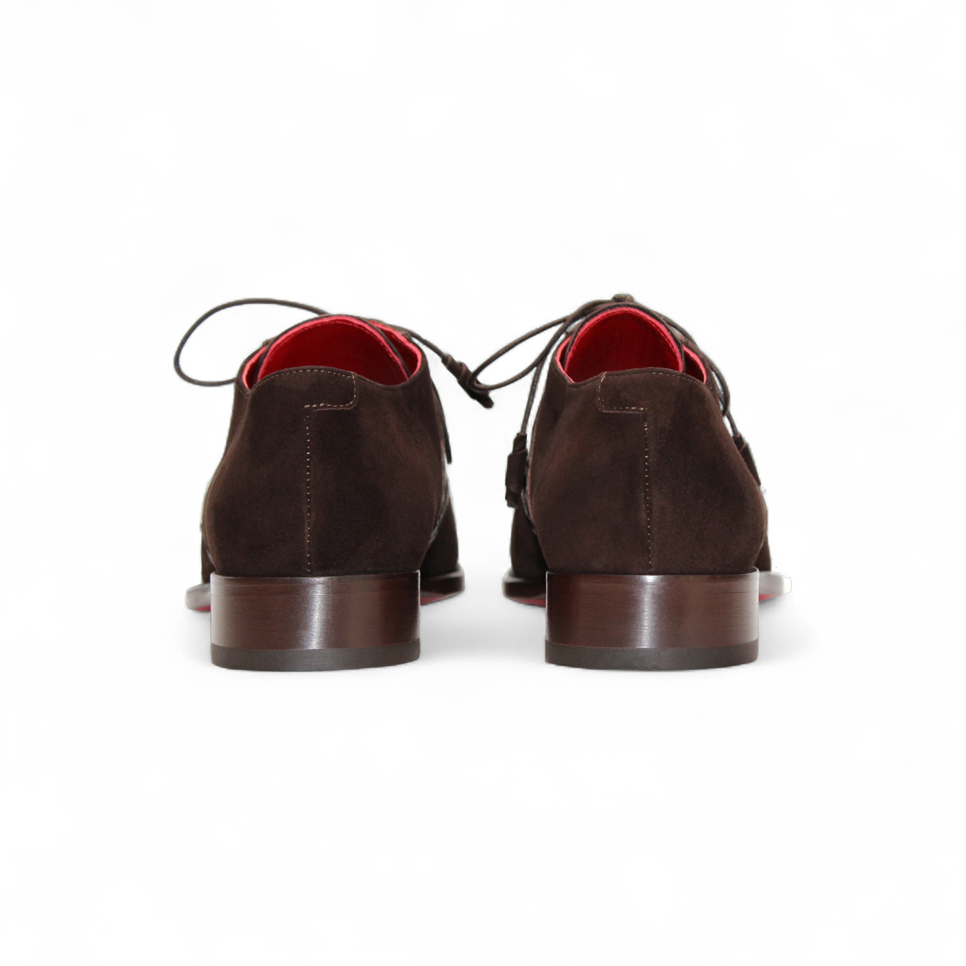 The Fennix of Italy Fennix Landon Chocolate is a dark brown luxury suede dress shoe with leather accents, laces, and a low heel, shown in side profile against a white background—ideal for those seeking elegant footwear.