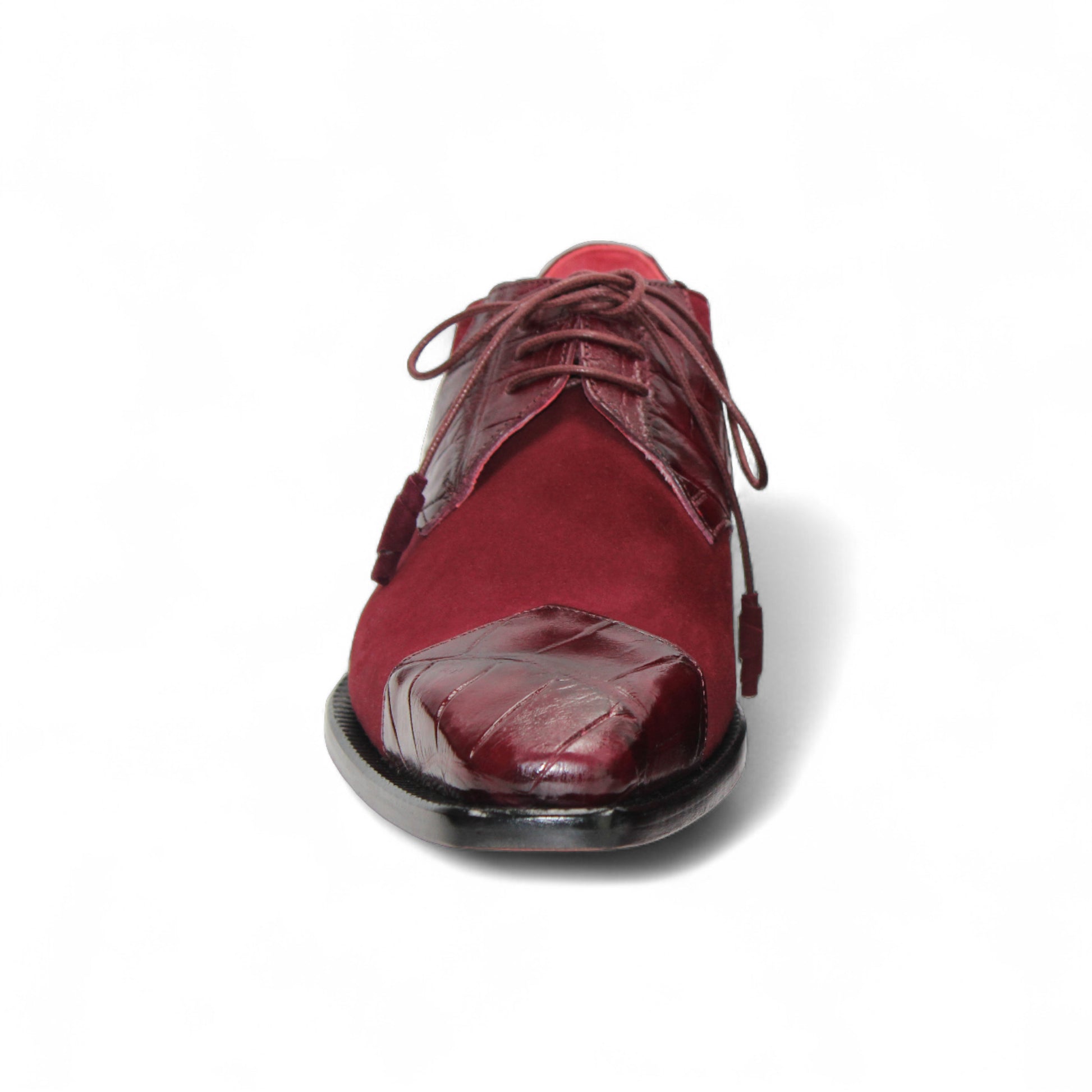 The Fennix Landon Burgundy by Fennix of Italy is a men's luxury oxford dress shoe in burgundy suede and leather with laces, Italian craftsmanship, and a low black heel, shown on a white background.