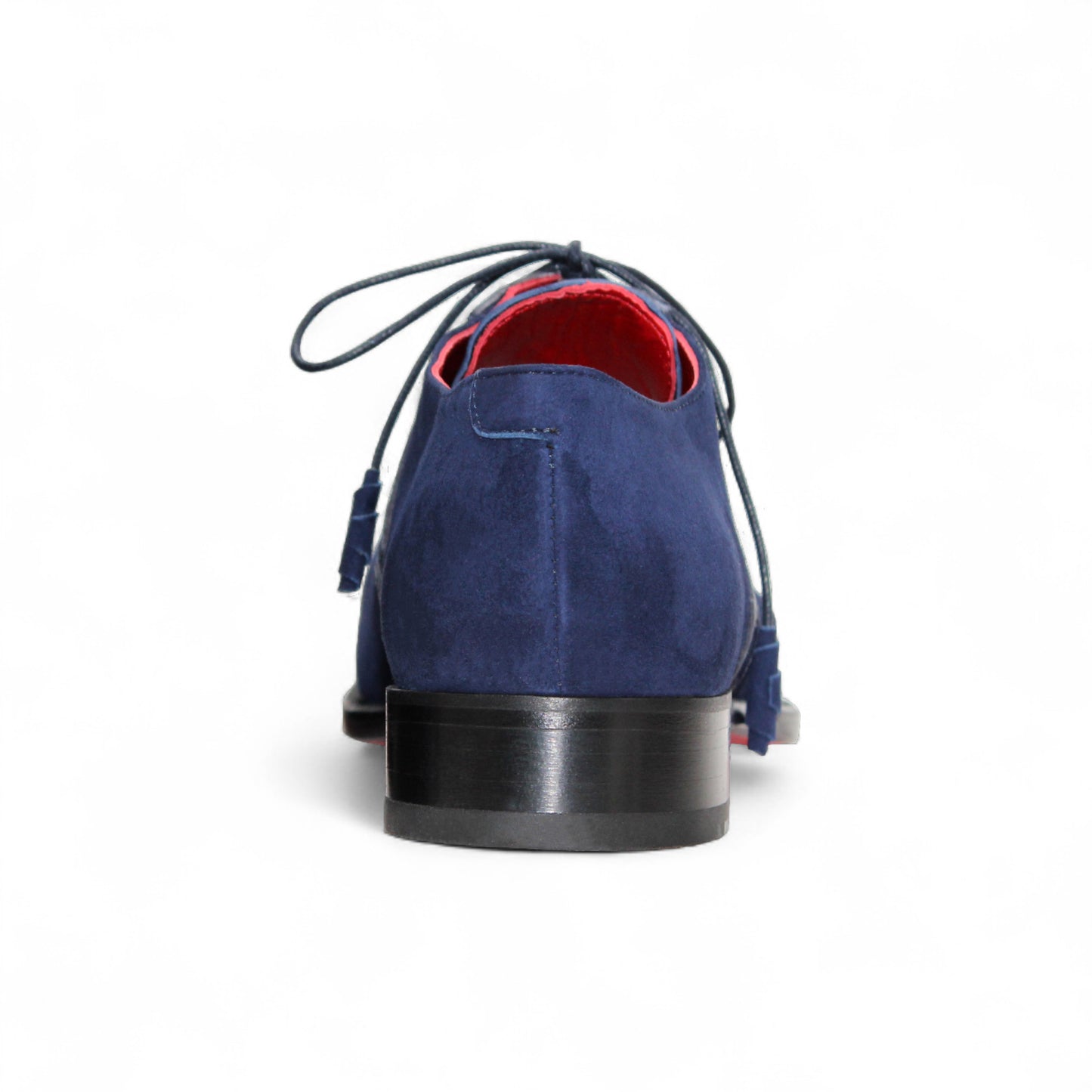 The Fennix Landon Navy by Fennix of Italy showcases Italian craftsmanship with luxurious blue suede and leather, a low heel, cap toe, and red lining—an elegant shoe displayed in profile on a white background.