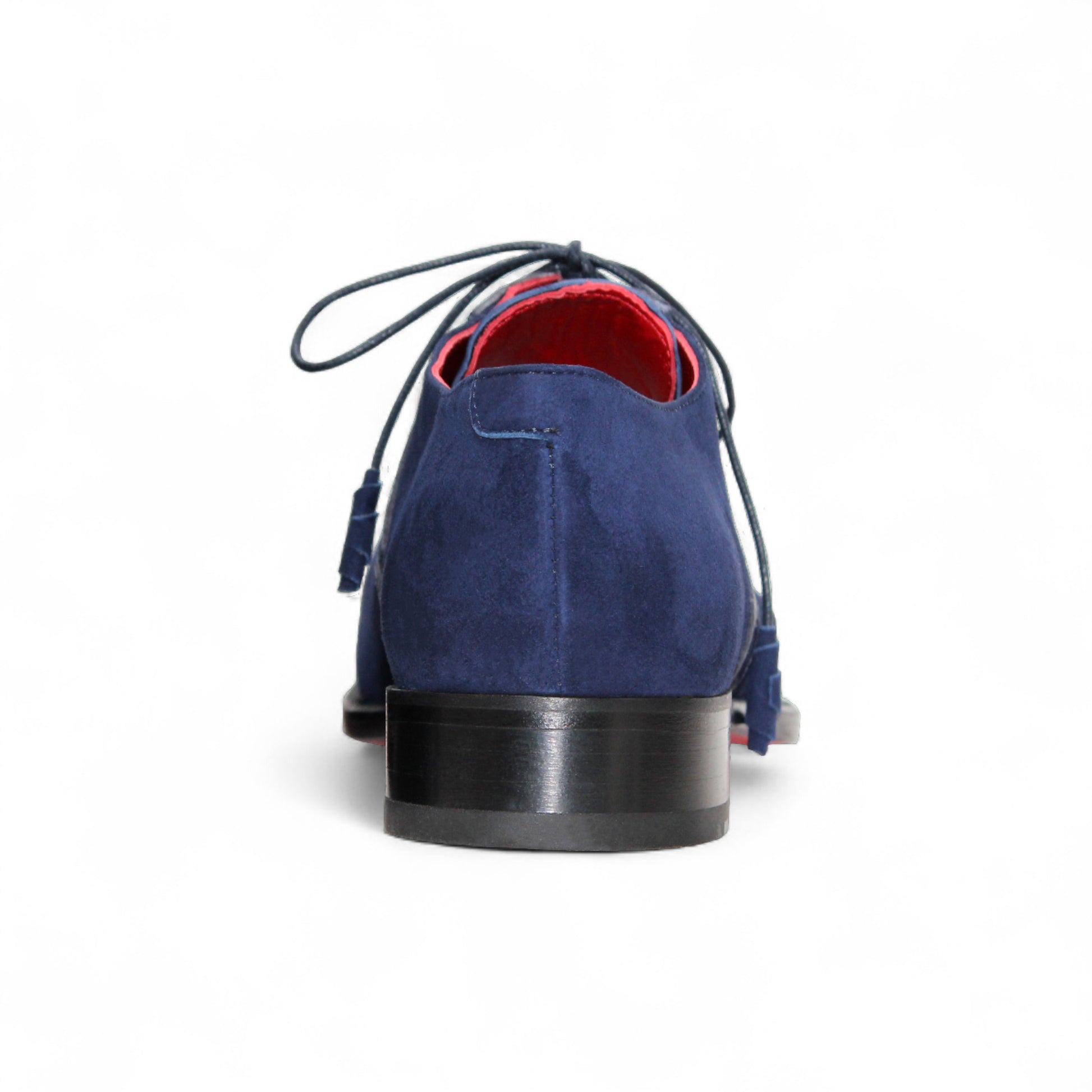 The Fennix Landon Navy by Fennix of Italy showcases Italian craftsmanship with luxurious blue suede and leather, a low heel, cap toe, and red lining—an elegant shoe displayed in profile on a white background.