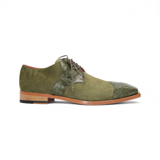 The Fennix Landon Olive by Fennix of Italy is a single olive green dress shoe in suede and leather with laces and a wooden sole, highlighting Italian craftsmanship against a white background.